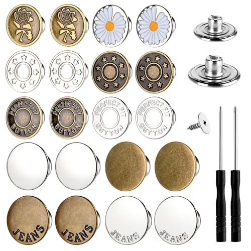 60 Sets Knöpfe für Jeans, 17 mm + 20 mm, kein Nähen, Metallknopf-Verlängerungen für Jeans, 10 Muster, verstellbar und wiederverwendbar, sofortiges Jeansknopf-Ersatz-Set inklusive Kombi-Gewindenieten von ROLYTA