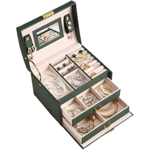 RONGSHEN Damen-Schmuck-Aufbewahrungsbox, Pu-Leder, Schmuck-Display-Box, Zuhause, staubdicht, Schmuckschatulle, großes Fassungsvermögen, mit Spiegel und Schublade von RONGSHEN