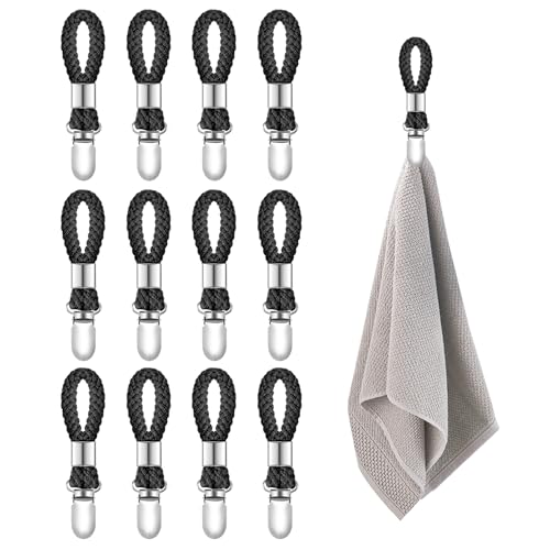 12 Stück Handtuchklammern, Aufhänger für Handtücher, Handtuch Aufhänger - Handtuchaufhänger Ohne Nähen für Wohnküchen, Handtuch Klammern, Handtuchclips mit Schlaufen (Black) von ROOMHUAWAY