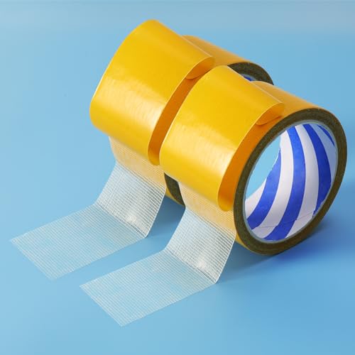 2 Rollen Doppelseitiges Klebeband Extra Stark Strapazierfähig, Doppelseitiges Klebeband Transparent, Gazefaser-Netzband, Gelbes(5CM*10M*2ROLLS) von ROOMHUAWAY