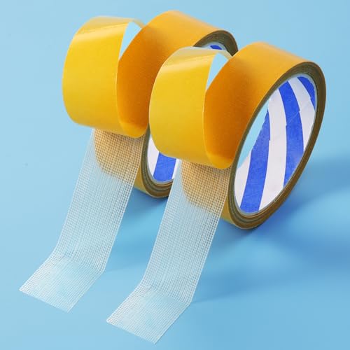 2 Rollen Doppelseitiges Klebeband Extra Stark Strapazierfähig, Doppelseitiges Klebeband Transparent, Gazefaser-Netzband, Gelbes Gitter(3CM*10M*2ROLLS) von ROOMHUAWAY