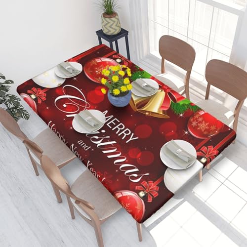 ROOZEE Rechteckige Tischdecke mit Weihnachtskugel, goldfarbene Glocke, bedruckt, mit elastischem Rand, 122 cm, Polyester, wasserdicht, für Esszimmer, Küche, Picknick von ROOZEE