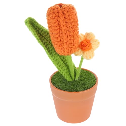 RORPOIR Tulpenblumentopf Künstliche Blumen Gewebtes Blumendekor Gehäkelter Blumenstrauß Blumendekor Stricken Fälschung Gehäkelte Blumenverzierung Häkelblume Strickblume Orange Garn von RORPOIR