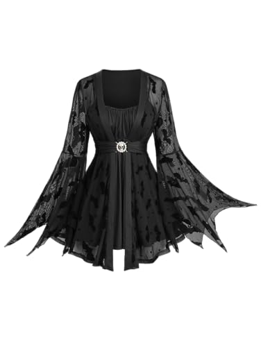 Rosegal Halloween-Kostüm für Damen, Übergröße, Gothic-Top, Totenkopf-Netzstoff, Schnürung, Glockenärmel, kalte Schulterpartie, Schwarz, 1X Rosegal Halloween-Kostüm für Damen, Übergröße, Gothic-Top, Totenkopf-Netzstoff, Schnürung, Glockenärmel, kalte Schulterpartie, Schwarz, 1X von ROSE GAL