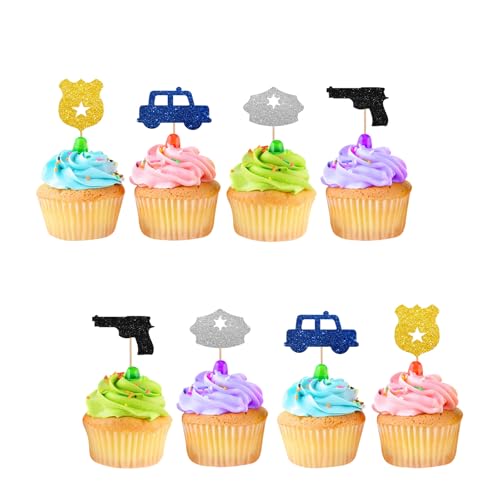 Cupcake-Topper mit Polizeibeamten, blauer Glitzer, Polizisten-Cupcake-Picks für Babyparty, Polizisten, Ruhestand/Congrats Police Partyzubehör, 24 Stück von ROSTYAKZ