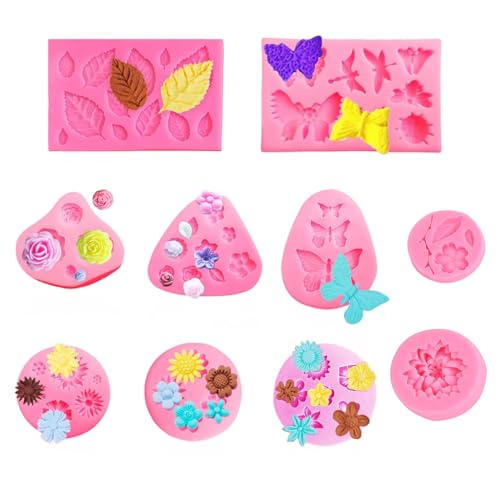 ROSYLEVE 10 Stück Silikonform Blumen 3D Kleine Silikonformen Fondant Blumen Schmetterling Blätter Form Silikon Backform für Schokolade Zuckerguss DIY Backen Dekoration von ROSYLEVE