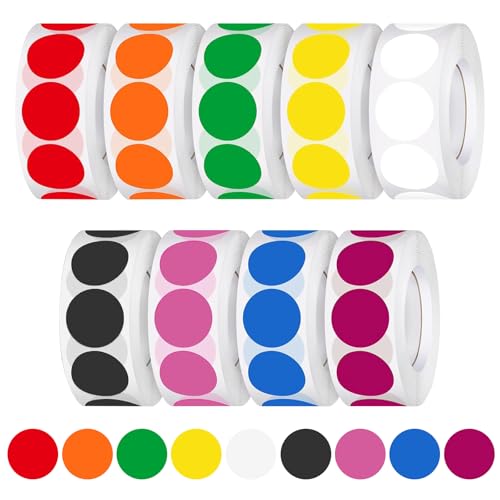 ROSYLEVE Klebepunkte Bunt 25mm Punkt Aufkleber Markierungspunkte 9 Rollen Farbige Bunte Sticker Punkt Selbstklebende Sticker Rund für DIY Büro Klassenzimmer (500 Stücke/Rolle) von ROSYLEVE