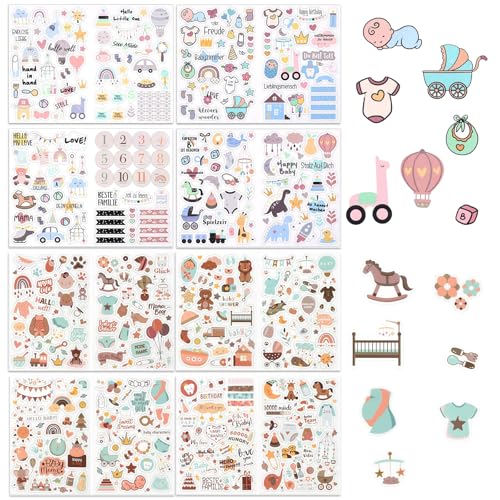 ROSYLEVE 8 Stück Sticker Fotoalbum Babyalbum Blatt DIY für Scrapbooking DIY-Basteln Fotoalbum Tagebuch Party Deko Baby Aufkleber für Scrapbook mit süßen Sprüchen, ästhetisches Blaues Braun Farbdesign von ROSYLEVE