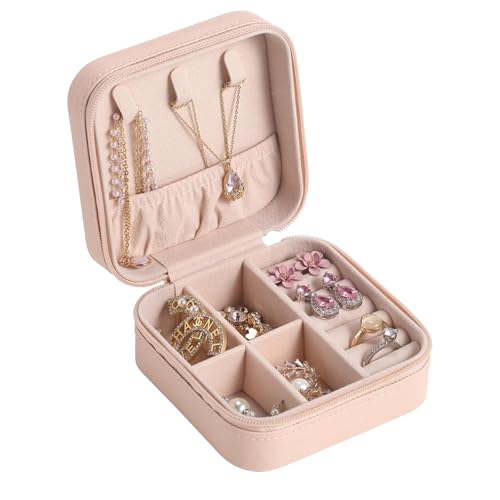 ROSYLEVE Kleine Schmuckkästchen,Mini Schmuckschatulle Flanell,Schmuckaufbewahrung Reise Jewelry Organizer Leder, für Ohrringe, Halsketten, Ringe, Hochzeit Geschenk Rosa von ROSYLEVE