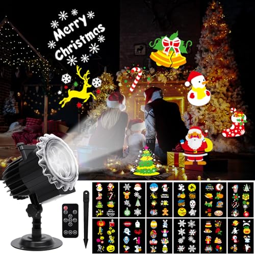 ROVLAK Projektor Weihnachten Aussen LED Projektionslampe mit 12 Film [jeweils 8 Cartoon-Muster] Wasserdichte Weihnachtsprojektor Fernbedienung Licht Lampe für , Halloween von ROVLAK