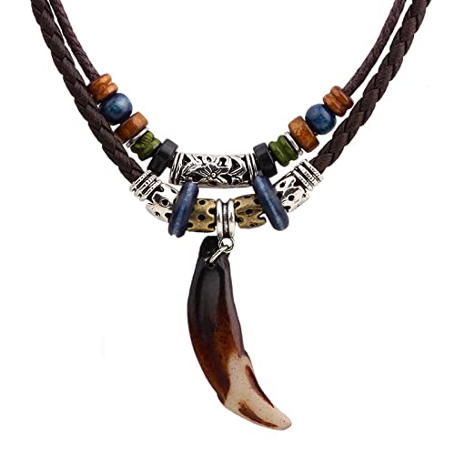 ROYJJ Lederhalskette für Damen und Herren, Vintage-Stil, ethnische Holzperlen, Choker-Halskette, Hundezahn-Anhänger, Schmuck von ROYJJ