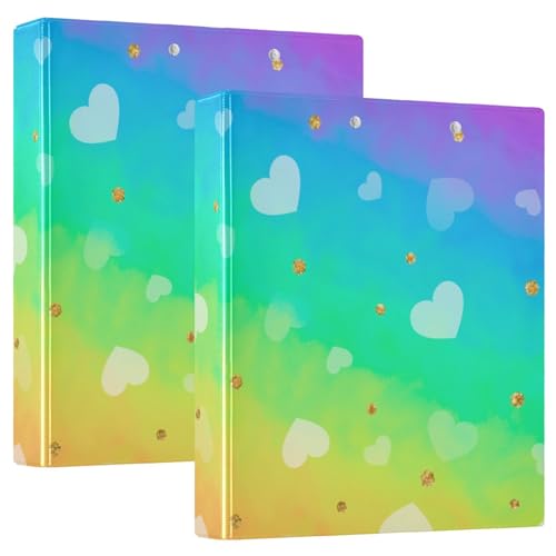 Glitzerherzen Regenbogen 3,8 cm 3-Ringbuch, D-Ringbuch, flexibler 3-Ringordner, langlebiger Ordner, 3-Ringbuch mit Klemmbrett (2er-Pack) von RPLIFE