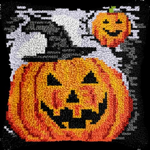 RRHCW DIY Knüpfkissen Kit, Halloween Schloss Knüpfhaken Set Kissen Home Decor Besticktes Kissen Set, Stickset Für Anfänger Und Erwachsene 17x17in von RRHCW