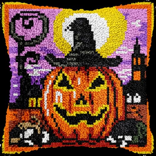 RRHCW Knüpfkissen Set Halloween Schloss Knüpfkissen Set Für Anfänger Erwachsene Oder Kinder Zum Selber Knüpfen, DIY Knüpfteppich Knüpfpackung, Knüpfhaken Set-P||43x43cm/17x17in von RRHCW