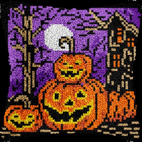 RRHCW Knüpfkissen Set Halloween Schloss Latch Hook Kissen Kit Für Kinder Oder Anfänger Erwachsene Zum Selber Knüpfen, DIY Knüpfteppich Knüpfpackung, Knüpfhaken Set-I||43x43cm/17x17in von RRHCW