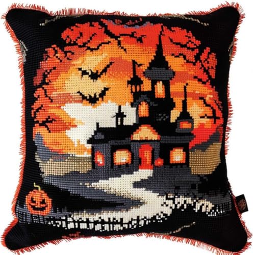 RRHCW Knüpfkissen Set Latch Hook Kissen Kit Für Kinder Oder Anfänger Erwachsene Zum Selber Knüpfen, Halloween-Schloss-Silhouette DIY Knüpfteppich Knüpfpackung, Knüpfhaken Set 43 X 43 cm von RRHCW