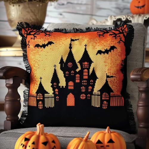 RRHCW Knüpfkissen Zum Selber Knüpfen Knüpfen Set Knüpfteppiche Set Fuchs 3D Halloween-Schloss-Silhouette Handgemachte Geschenke Knüpfteppich Für Kinder Und Erwachsene Knüpfset 43cm X 43cm von RRHCW