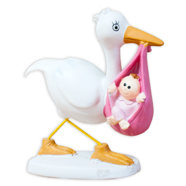 Stochenfigur in rosa mit Baby im Beutel, Polyresin, 9,5cm x 9cm von RS-Segelken