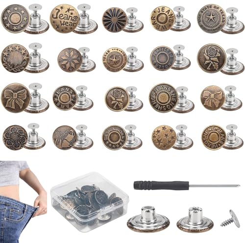 RSXING 24 Sets Ersatz Jeansknöpfe Jeans Knöpfe 17 mm und 20 mm, ohne Nähen sofort abnehmbare Hosenknopfstifte, abnehmbarer Metallknopf zum Verlängern oder Verkleinern der Hosenbundweite von RSXING