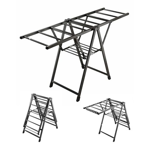 RTHFGHASV Wäscheständer mit 2 Ebenen, zusammenklappbar, mit höhenverstellbaren Flügeln, Bodenwäscheständer aus Aluminium, freistehender Wäscheständer, platzsparend von RTHFGHASV