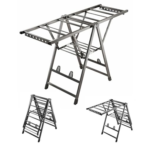RTHFGHASV Wäscheständer mit 2 Ebenen, zusammenklappbar, mit höhenverstellbaren Flügeln, Bodenwäscheständer aus Aluminium, freistehender Wäscheständer, platzsparend von RTHFGHASV