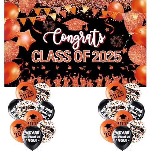 Orangefarbene und schwarze Abschlussdekorationen, Banner der Klasse 2025, Banner mit 18-teiligem Ballon-Set – große Congrats Grade 2025 Abschlussdekoration, orangefarbene Graduierten-Ballons, von RTMISA