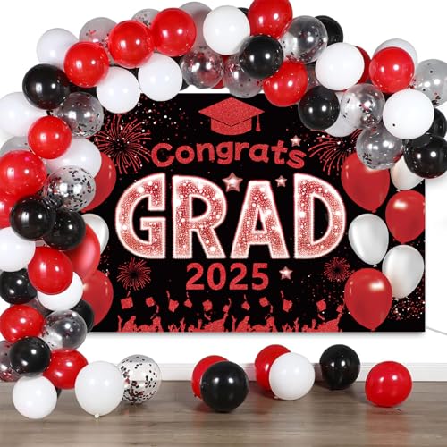 Red and Blcak Graduation Decorations Class of 2025 Banner with Balloons Arch Kit Set - Large 2025 Graduation Backdrop Decor, Red Congratulations Grade Balloons Grade Party Decorations von RTMISA