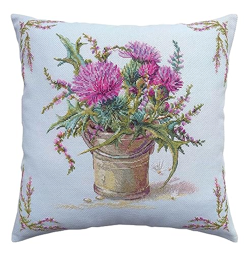 RTO Kreuzstich-Stickerei-Kissen für Erwachsene, Blumen, Distel und Heidekraut, 40 x 40 cm, 14 CT von RTO