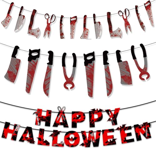 RTRTGS 3 Artikel Halloween Deko Horror Dekoration Set Accessoires Party Girlande Gruselig Zubehör,Waffen Banner Türdeko Fenster Artikel Außen Sachen Wanddeko Haus Wohnung Hängedeko Decoration von RTRTGS