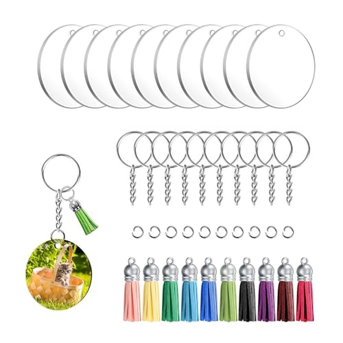 RTRTGS 40 Stück Acryl Schlüsselanhänger Rohlinge Set, mit 10 Bunt Quasten Anhänger,10 Acryl Rohlinge Schlüsselringe mit 10 Kette und 10 Biegeringe,für DIY Schlüsselbund Basteln von RTRTGS