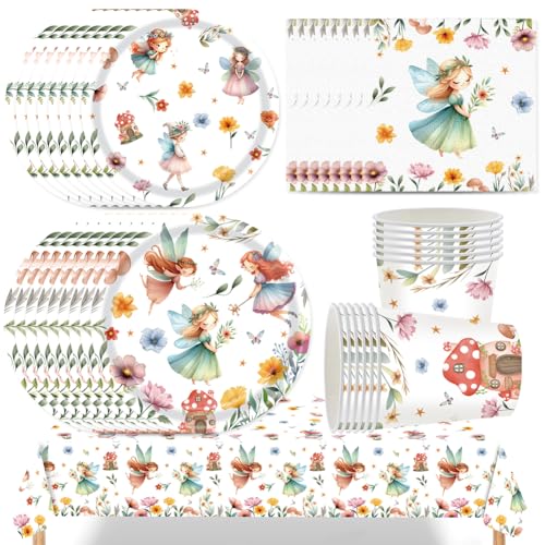 RTUHCSP 51 Pcs Fairy Partygeschirr Set, Fee Partygeschirr Kindergeburtstag, Flower Fairy Theme Party Geburtstagsdeko Geburtstagsparty Hochzeit Babyparty Picknick Tischdeko Set Für 10 Gäste von RTUHCSP