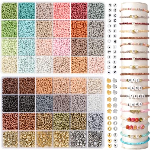 48 Farbe 18000 Stück 3mm Glasperlen Set,Selber Machan Perlen, Bastbeln Perlen zum Auffädeln mit 300 Weiße und Schwarze Buchstabenperlen für DIY Geschenkidee von RUBY