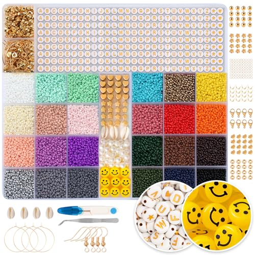 RUBY 24 Farben Perlen zum Auffädeln Kit, 2mm Perlen Set, Glasperlen mit Smiley und A-Z Buchstaben Perlen Selber Machen Armbänder Charm Kit für DIY Armband Schmuckherstellung von RUBY