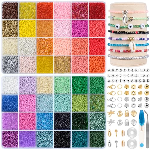 RUBY 2mm Perlen für Armbänder, 48 Farben Perlen zum Auffädeln Perlen Set, Mini Glasperlen mit Buchstaben Perlen Selber Machen Armbänder Charm Kit für DIY Armband Schmuckherstellung Kit von RUBY