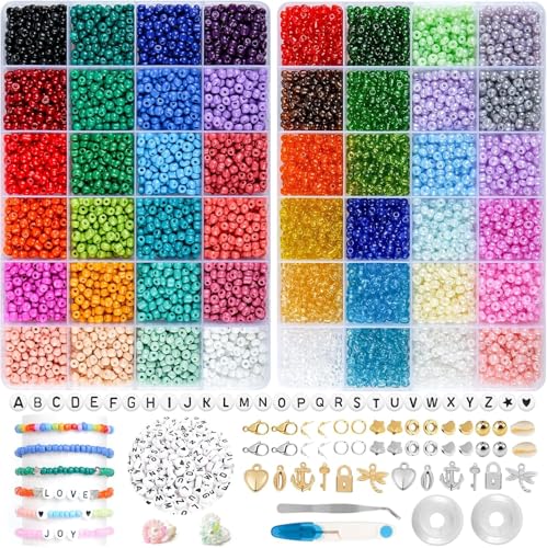 RUBY 4mm Perlen für Armbänder, 48 Farben Perlen zum Auffädeln Perlen Set, Mini Glasperlen mit Buchstaben Perlen Selber Machen Armbänder Charm Kit für DIY Armband Schmuckherstellung Kit von RUBY