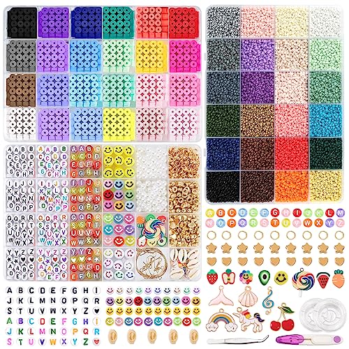 RUBY Perlen zum Auffädeln, Perlen Set für Armbänder Selber Machen, 2mm Glasperlen 6mm Clay Perlen Smiley Perlen Buchstaben Perlen Charm Kit für DIY Armband Schmuckherstellung Kit von RUBY