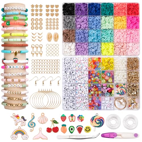 RUBY Perlen zum Auffädeln 24 Farben Perlen Set, Mini Glasperlen mit Smiley und Buchstaben Perlen Selber Machen Armbänder Charm Kit für DIY Armband Schmuckherstellung Kit (bunt) von RUBY