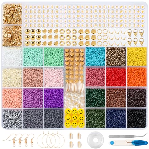 RUBY Perlen zum Auffädeln 2mm 24 Bunte Perlen Set,Mini Glasperlen mit 300 Buchstaben Perlen und Smiley Perlen Selber Machen Armbänder Charm Kit für DIY Armband Schmuckherstellung Kit von RUBY