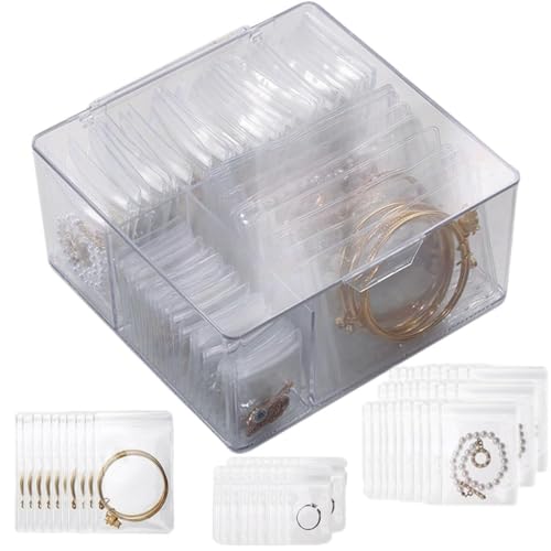 RUDFUZ Transparente Schmuckschatulle, 4-in-1-Acryl-Schmuck-Organizer mit 60 tragbaren, anlaufgeschützten Schmuckbeuteln, dickes Acryl, Reise-Schmucketui für Ohrringe, Ringe, Halsketten, Armbänder von RUDFUZ