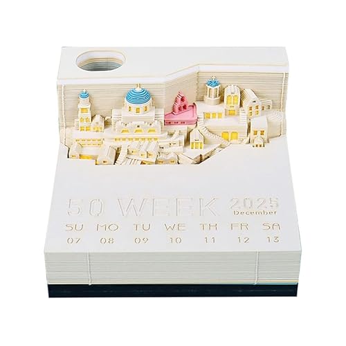 Santorini Tischkalender 2025 mit LED-Lichtern, 3D-Notizblock, DIY-Notizblock, 3D-Kunstkalender, Papierschnitzerei, Geschenk, Hausskulptur, Geschenk für Schule, Zuhause, Büro von RUDFUZ