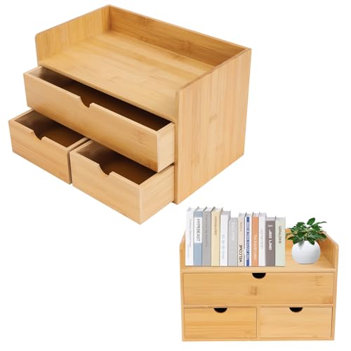 RUETERY Schreibtisch Organizer, Desk Organizer aus Bambus, Tischorganizer mit 3 Schubladen, Bürotisch Organizer, Schminkkasten, für Briefmarken, Papierstreifen, Büroklammern, Schmuck von RUETERY