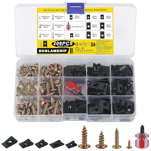 205 Stk Blechmutter Schraube Mutter Clip Kit, inkl 100 Kreuzkopf Blechschrauben, 105 U Typ Blechmuttern, Kfz Karosserieschrauben, U Typ Auto Kotflügelclips Karosserie-Klemmen und Schrauben von RUGLAMZHIP