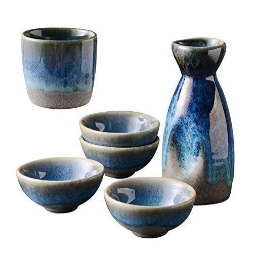 RUHEN 6-teiliges Sake-Set aus Keramik in Batikfarbe mit Weinflasche, Tasse und Wärmer, Japanisches Sake-Tassen-Set, Keramik-Set für Heißgetränke, klein von RUHEN