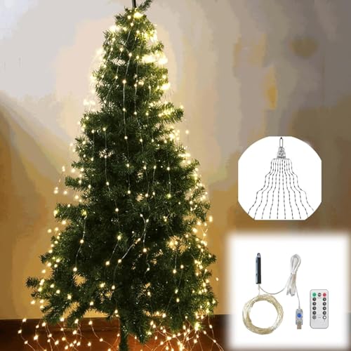 Christmas Tree Flash, gestapelt, USB, Lichterkette mit warmweißem Silberdraht, 8 Blinkmodi, Stacked Christmas Tree Light (1 m, 10 Streifen mit 100 Lichtern) von RUICUBEI