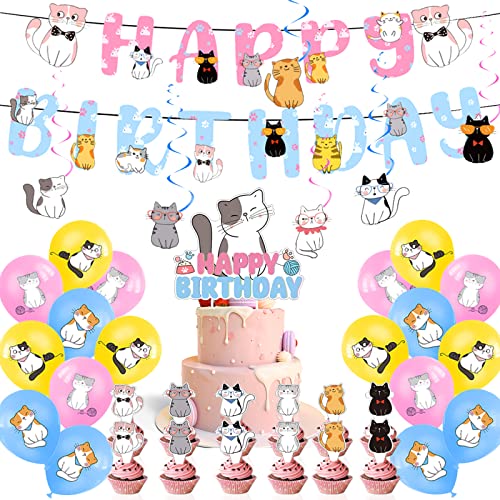 Katzen Geburtstag Deko,38 Stück Rosa Kindergeburtstag Deko Katze Set mit Happy Birthday Banner Girlande Katze Luftballons Torten Topper Tier Geburtstagsparty Deko für Mädchen Kinder Baby von RUIJIE