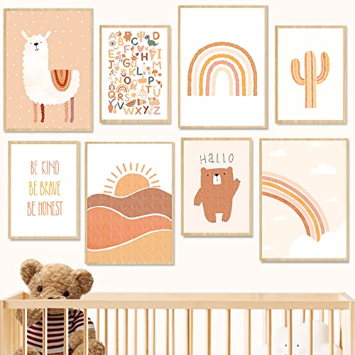 RUIJIE Poster Kinderzimmer Deko Boho, 8er Set Bilder Babyzimmer Junge Mädchen, Regenbogen Wolken Tiere Kinderbilder Wandbilder, A4 Kinderposter Wandposter Bilderwand Dekoration (2 Größen, Ohne Rahmen) von RUIJIE