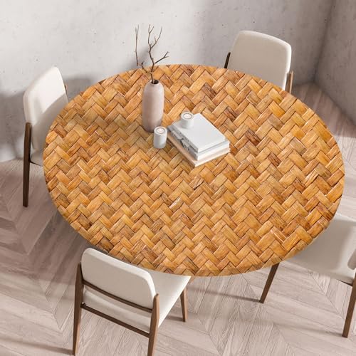 Geflochten Rattan Rund Tischtuch 3D Retro Gewebte Muster Elastische Stretch Tischdecke Wasserdicht Ölbeständig Tischtücher Familie Versammlungen Tischtuch (Farbe 3,100cm) von RUILBJ