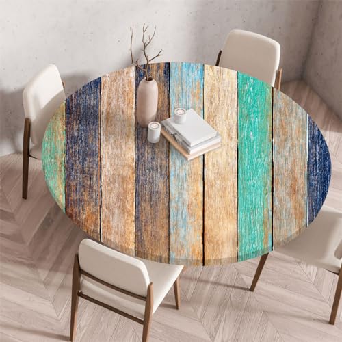 RUILBJ Bunte Streifen Runde Tischdecke Vintage Holzbrett 3D Druck Tischtücher Elastischer Rand Wasserdicht Ölbeständig Küche Tischdecken Familie Party Dekoration (Farbe,70cm) von RUILBJ