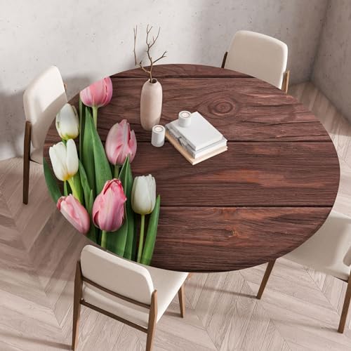 Runde Tischdecke mit elastischen Rändern Holzstruktur Rosen Blumen Muster Tischbezug Wasserdicht Ölbeständig Wiederverwendbare Tablecloth Moderne Dekoration für Picknick Bistro Garten (Farbe 1,60 cm) von RUILBJ