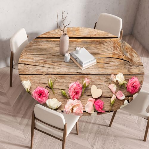 Runde Tischdecke mit elastischen Rändern Holzstruktur Rosen Blumen Muster Tischbezug Wasserdicht Ölbeständig Wiederverwendbare Tablecloth Moderne Dekoration für Picknick Bistro Garten (Farbe 2,60 cm) von RUILBJ